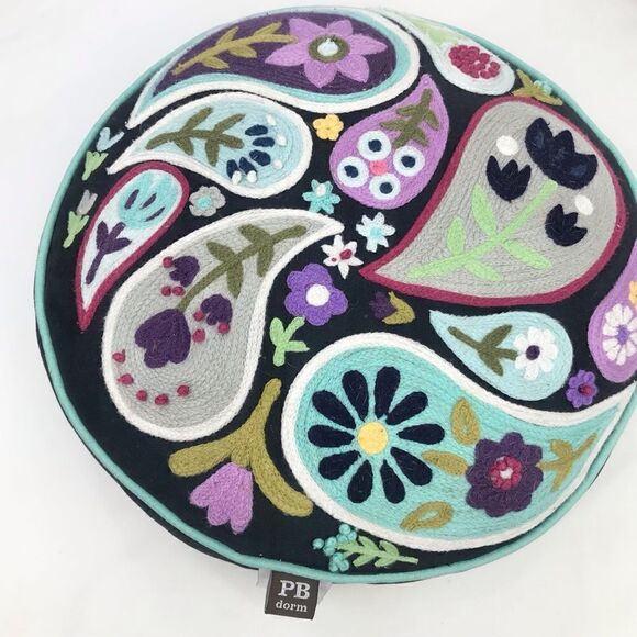Pottery Barn Colorful Paisley Crewel Stitch Round Decor Toss Pillow - Picture 1 of 13